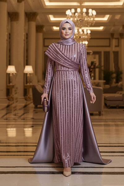 sweetyar Payet Detaylı Asimetrik Drapeli Abiye Elbise – Uzun Kollu Şık Tesett...