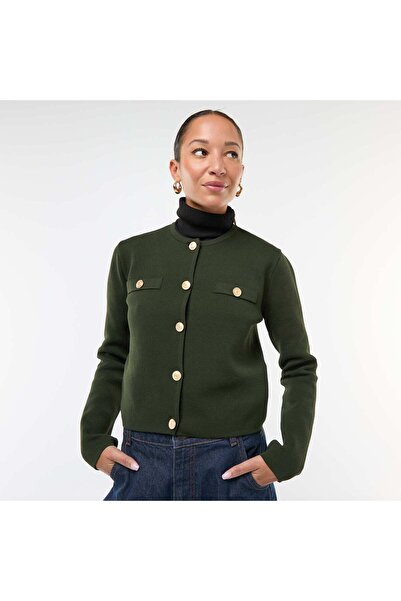 KIABI كارديجان محبوك بنقشة مميزة مع أزرار ذهبية، لون كاكي