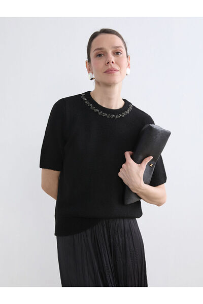 LC Waikiki Pulover negru pentru femei, cu gât rotund, cu strasuri