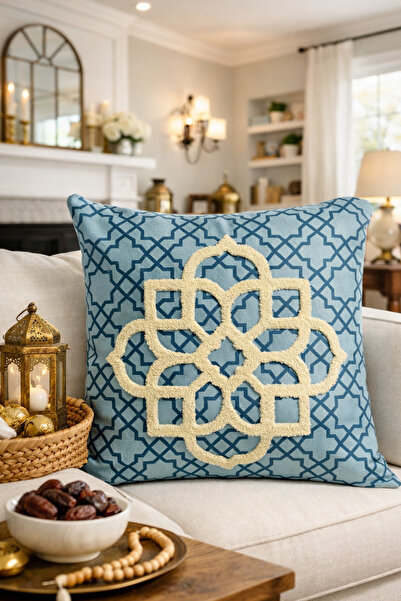 Pilloveland Punch Embroidered Cushion Cover - 43*43 cm - Petrol Blue Motif - ...