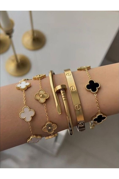 ANGELSS JEWELLERY Beşli Kombin Gold Marka Model Kelepçe Bileklik Seti (Yonca ...