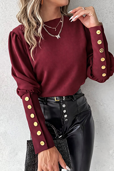 Deafox Burgundy Button Detail Lantern Sleeve Round Neck Crepe Fabric Blouse