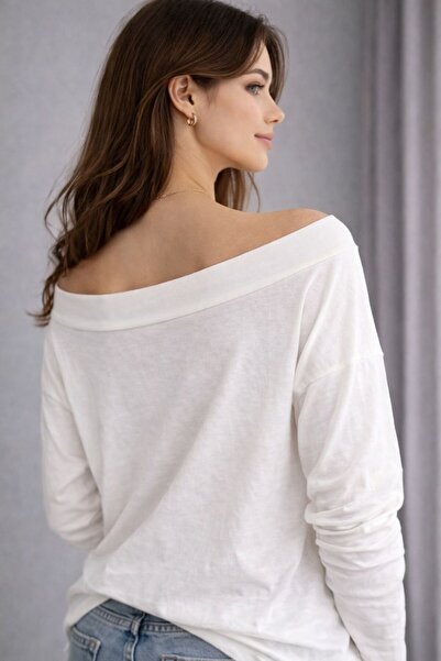 LAVRE Boat Neck Soft Textured Off-Shoulder Foam Fabric Blouse