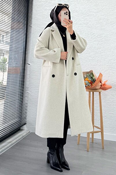 MELEK ARAZ Premium Four Button Pocket Oversized Cashmere Coat - Stone