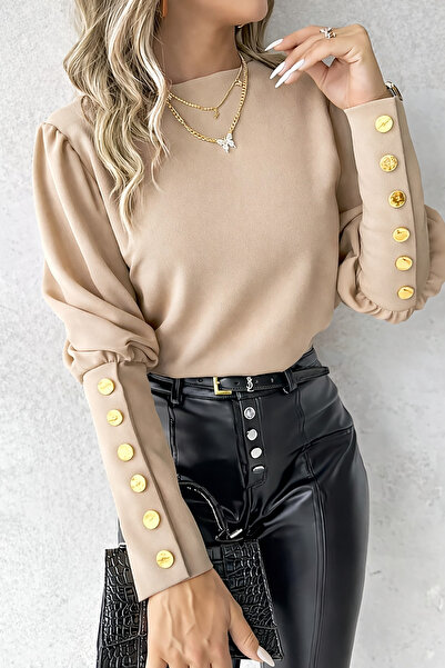 Deafox Beige Button Detail Lantern Sleeve Round Neck Crepe Fabric Blouse