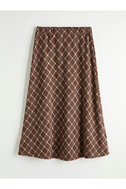 LC Waikiki Kahverengi Beli Lastikli Ekose Kloş Etek
