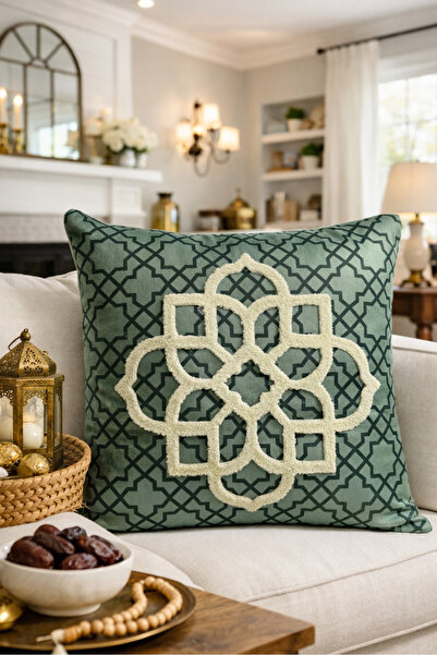 Pilloveland غطاء وسادة مطرز - 43*43 سم - نمط أخضر مخملي - رمضان كريم - PNK030