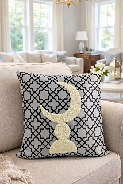 Pilloveland Punch Embroidered Cushion Cover - 43*43 cm - Gray Crescent - Rama...