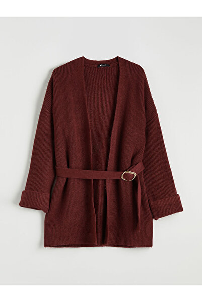 LC Waikiki Mg trenden burgundy shawl collar belted women's knit cardigan