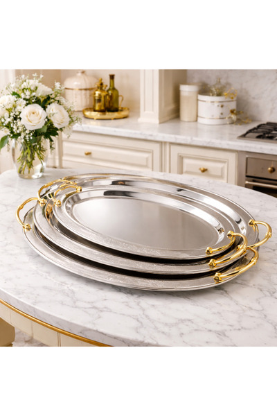 Dania ✨ Luxury Oval Metal Serving Tray Set – Nickel with Gold Accents (3 Piec...