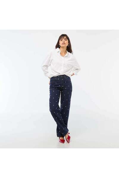 KIABI بنطال جينز قطني عادي مطرز بالكامل باللون الأزرق