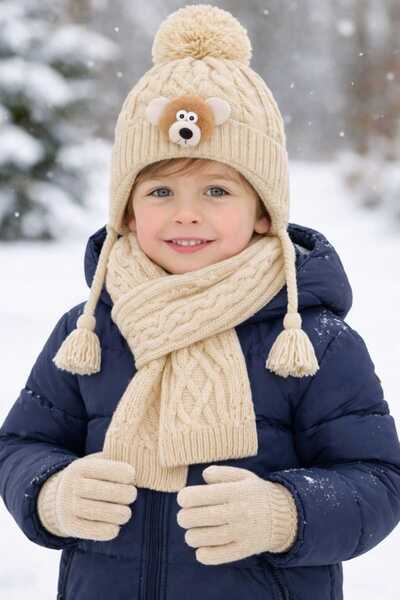 gigigiyim Teddy Bear Patterned 3-Piece Boy's Beret Set