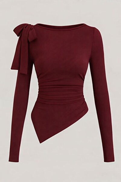 MYCPARL Burgundy Boat Neck Shoulder Bow Soft Fabric Asymmetrical Cut Comforta...
