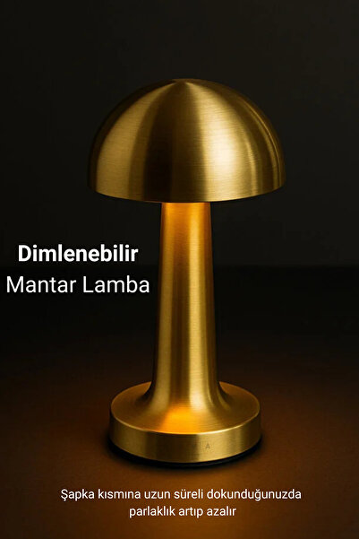 Ema Dükkan Gold Mantar Masa Lambası Şarjlı Dokunmatik Dimlenebilir 3 Işık Ren...