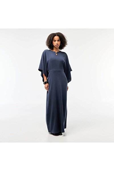 KIABI Crepe Knit Maxi Dress with Gold-Tone Jewelry Detail BLUE