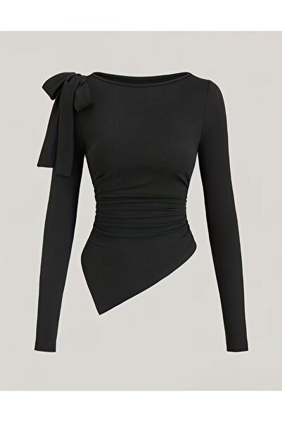 MYCPARL Black Boat Neck Shoulder Bow Soft Fabric Asymmetrical Cut Casual Blouse