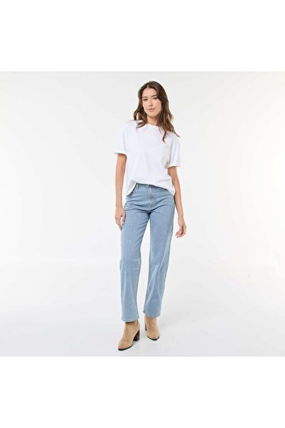 KIABI بنطال جينز أزرق بقصة عادية وتفاصيل خطوط من مزيج القطن