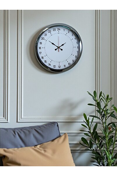 Marsilyan Zentime Chrome 40 cm Metal Special Design Wall Clock with 24 Hour D...