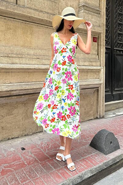FOR YOU MODA Viskose-Maxikleid mit V-Ausschnitt, gemustertem Gürtel und fuchs...