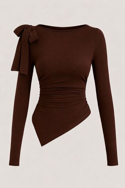 MYCPARL Coffee Boat Neck Shoulder Bow Soft Fabric Asymmetrical Cut Casual Blouse