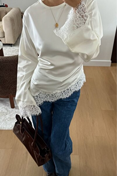 Hola Lady Ecru Asymmetric Cut Lace Satin Blouse Hl026