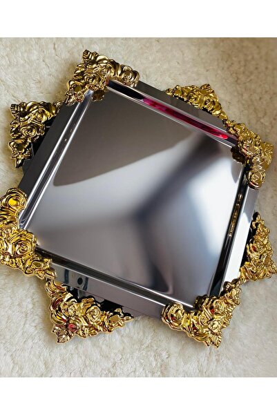 ZEYNEP ELA GÜL DETAYLI PASLANMAZ KAHVE SUNUM TEPSİ 2 ADET