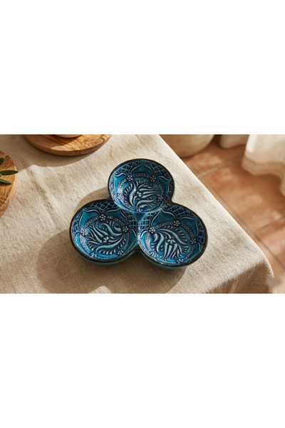 Zera Dizayn Zera Dantel Motifli Premium 3 Bölmeli Seramik Çerezlik