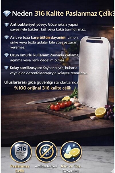 HappyPek Center 316 Krom PASLANMAZ Şık Çelik Kesme Tahtası