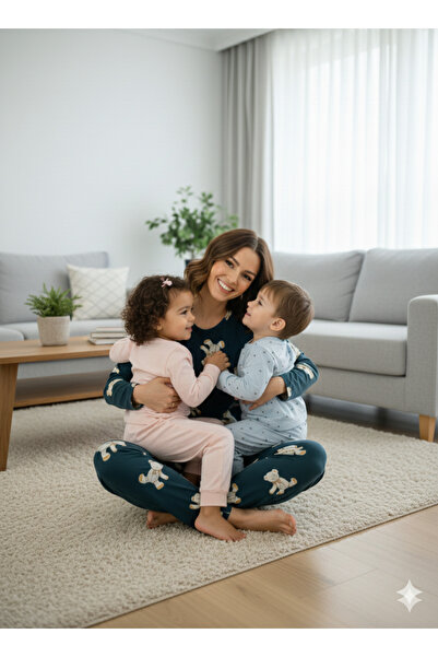 QUBERZ Γυναικείο σετ πιτζάμες από βαμβακερό σχέδιο αρκουδάκι σε χρώμα πετρέλα...