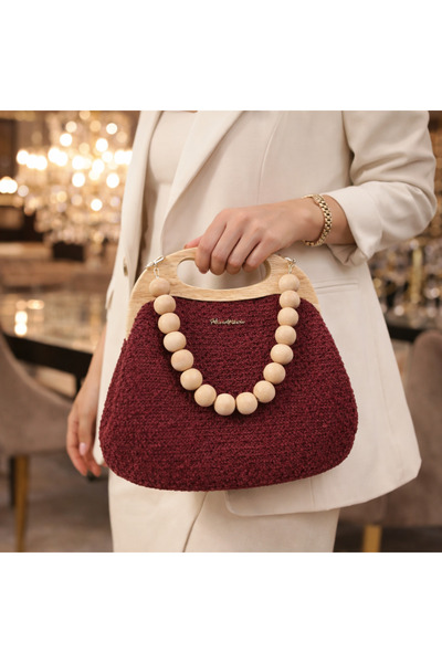 ALYA Ahşap Saplı Kadın El Çantasj,Bordo Çanta