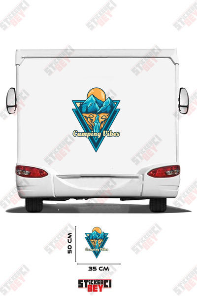 STİCKERCI BEY ملصق كرفان بتصميم جبلي مع كتابة 'CAMPING VIBES'
