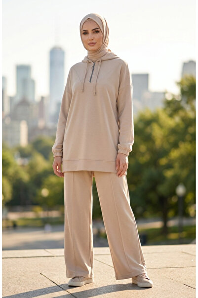 sefamerve Преміум тканина Капюшон Туніка Штани Комплект 0236-03 Бежевий