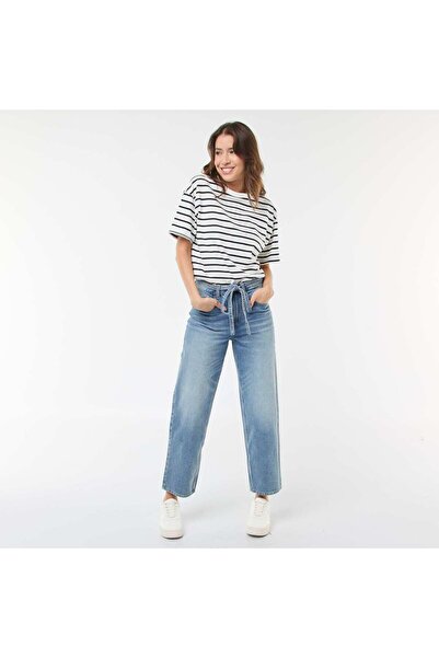 KIABI Solid Barrel Fit Denim Pants with Tie BLUE