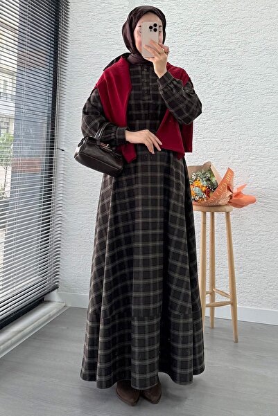MELEK ARAZ Collared Buttoned Belted Plaid Pattern Long Dress - Bitter Brown