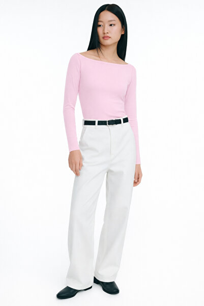 RAMİOR COLLECTION Women's Pastel Pink Boat Neck Long Sleeve Ribbed Knit Blouse