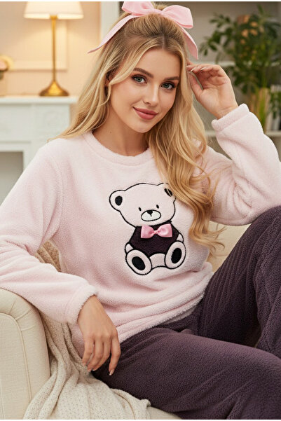 Siyah İnci Pink Purple Embroidered Wellsoft Winter Knitted Pajama Set