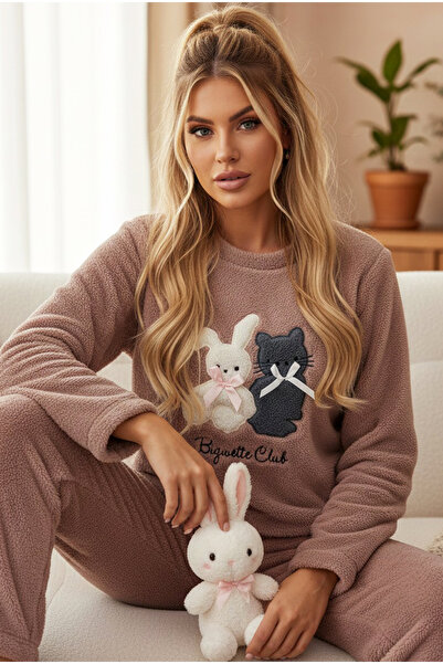 Siyah İnci Powder Embroidered Wellsoft Winter Knitted Pajama Set