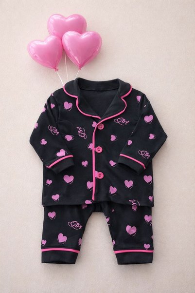 derin baby 100% Cotton Little Heart Patterned Top and Bottom Baby Girl Pajama Set
