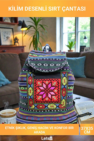 Letsii حقيبة ظهر يومية من القماش الناعم بنمط كليم عرقي مع حزام قابل للتعديل و...