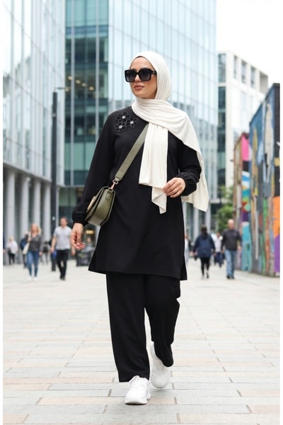 sefamerve Stone Embroidered Tunic Trousers Double Suit 0230-01 Black