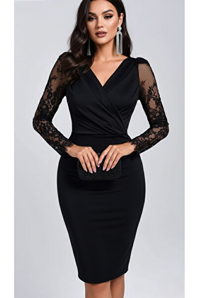 JANES Women's Black Double-Breasted Neckline Lace Sleeves Crepe Mini Dress - ...