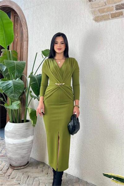 Neşeli Butik Women's Green Gold Accented Slit Midi Length Crepe Dress Nbmy3862