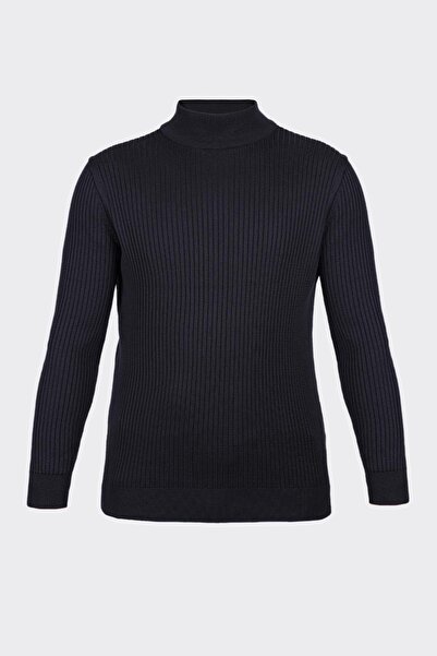 White Stone Navy Blue Half Turtleneck Corded Fabric Knitwear Sweater