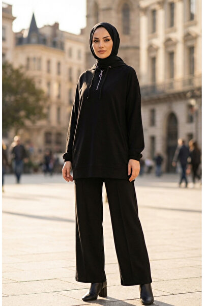 sefamerve Преміум тканина Капюшон Туніка Штани Комплект 0236-01 Чорний