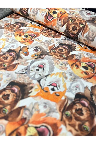 EDA HOME TEKSTİL Tatlı Köpek Desenli Duck Bezi Keten Kumaş 1 Metre (100X180 cm)