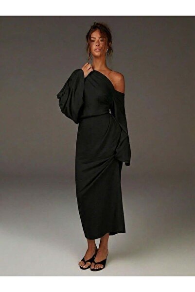 Afri Women's Black One Shoulder Detailed Batwing Sleeve Maxi Dress - 2 Thread...