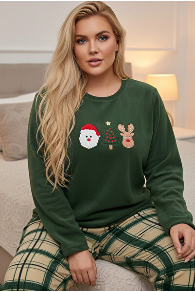 Siyah İnci Green Plaid Pattern Embroidered Plus Size Fleece Winter Knitted Pa...