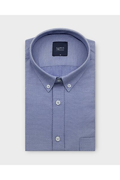 KAMER Regular Fit Long Sleeve Button-Up Collar Dobby Dark Blue Shirt 4070Km