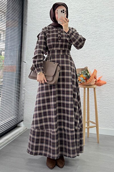 MELEK ARAZ Collared Buttoned Belted Plaid Pattern Long Dress - Brown