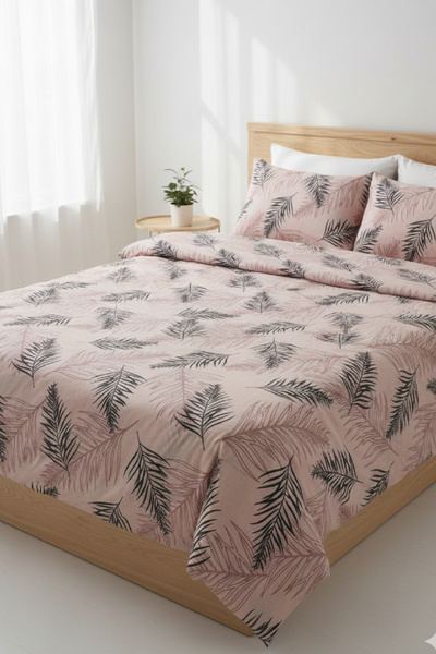 LaLiva Leaf Pattern Double Bed Sheet with Elastic - Cotton Bedding Set -